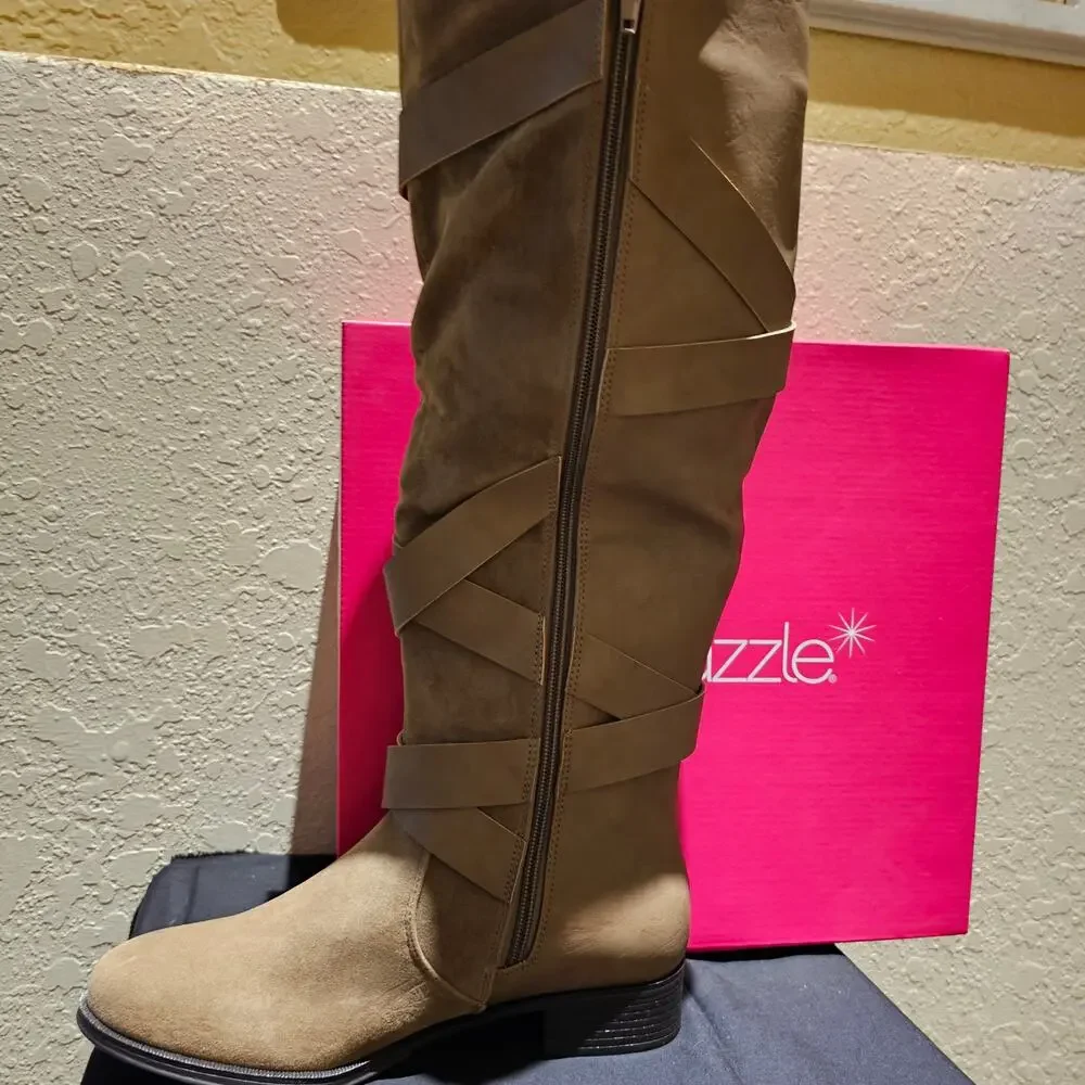 Moto Cecily Boots Women’s 8 Taupe Knee High Buckle Zip Faux Suede New Y2K Winter - Picture 6 of 13